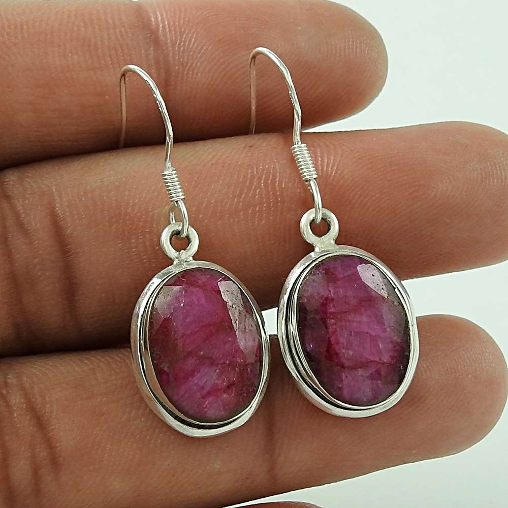 Wedding Gift For Her 925 Silver Natural Ruby Dangle Vintage Earrings L62