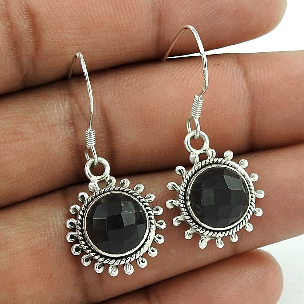 Natural Black Onyx Dangle Vintage Earrings 925 Silver For Women M63