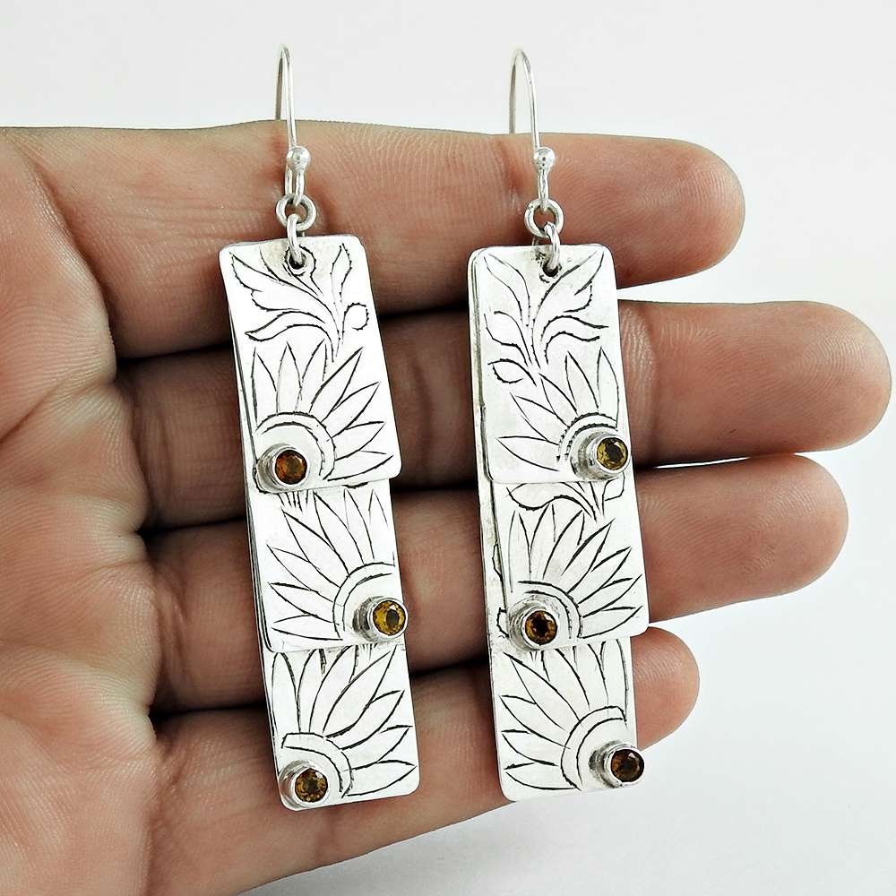 Natural Citrine Gemstone Dangle Ethnic Earrings 925 Silver For Women S63