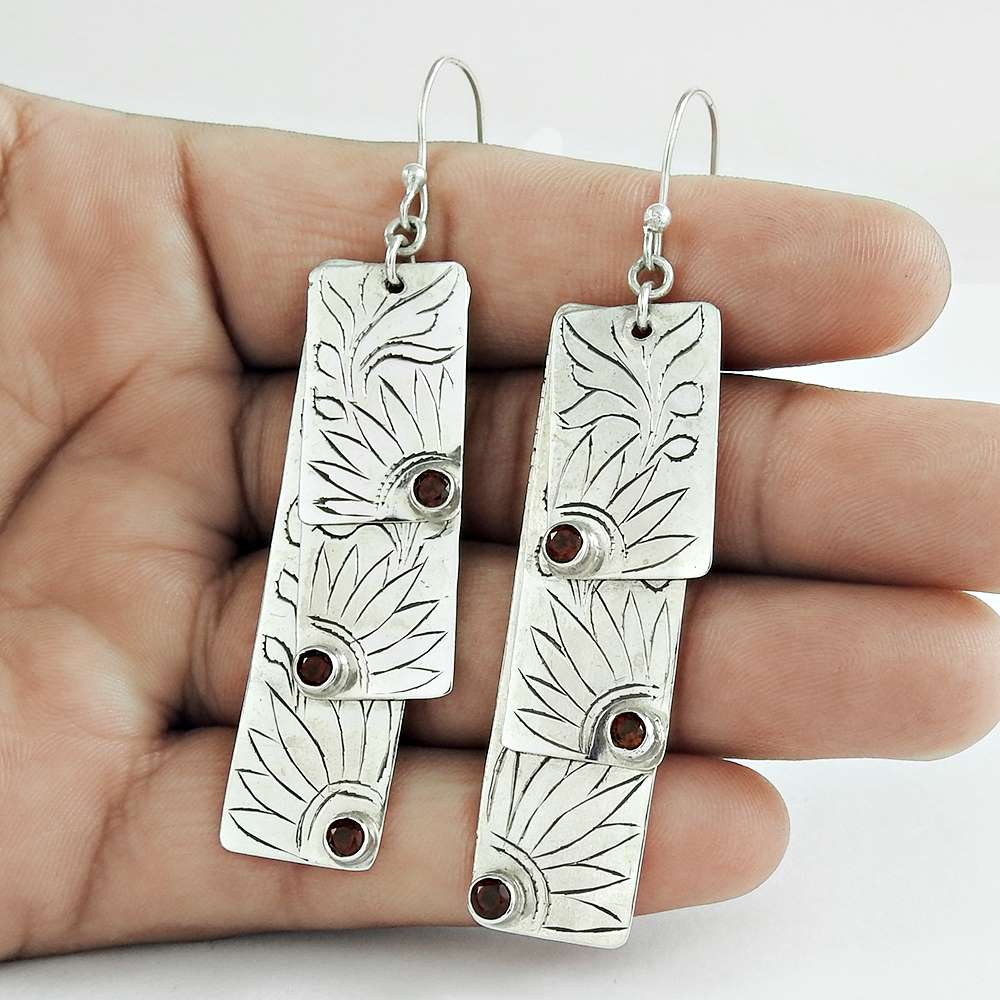 Gift For Women Dangle Tribal Earrings 925 Silver Natural Garnet W63