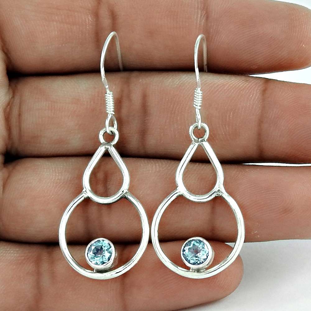 Natural Blue Topaz Gemstone Dangle Bohemian Aqua Earrings 925 Silver V64