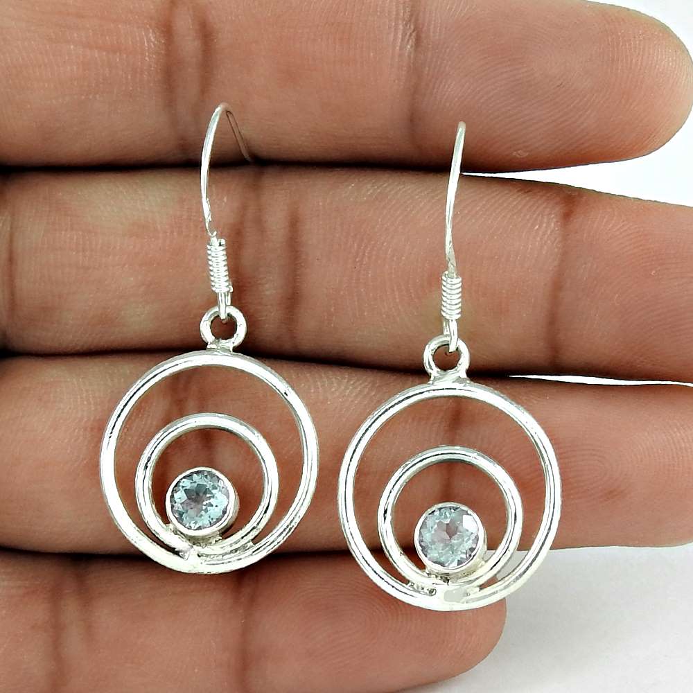 Natural Topaz Gemstone Dangle Ethnic Aqua Earrings 925 Sterling Silver W64