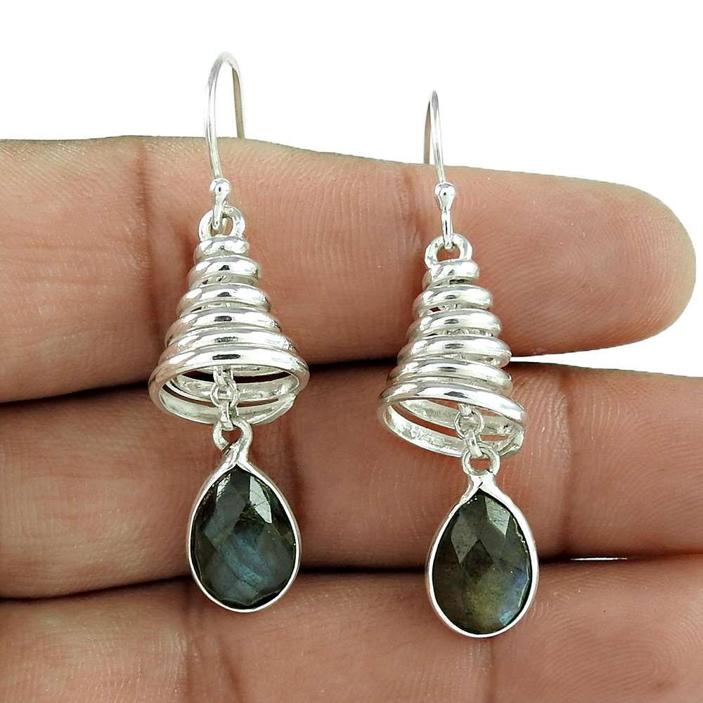 Natural Labradorite Gemstone 925 Silver Dangle Boho Earrings For Girls Q1
