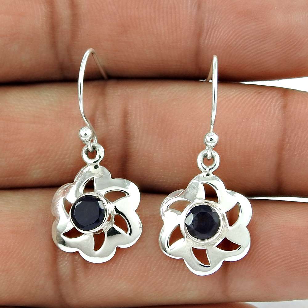Wedding Gift For Her 925 Silver Natural Iolite Dangle Vintage Earrings P69