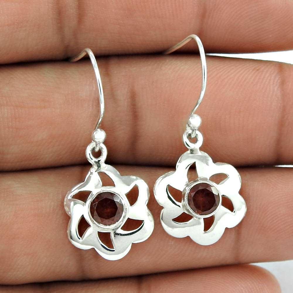 Wedding Gift For Her 925 Silver Natural Garnet Dangle Ethnic Earrings B70