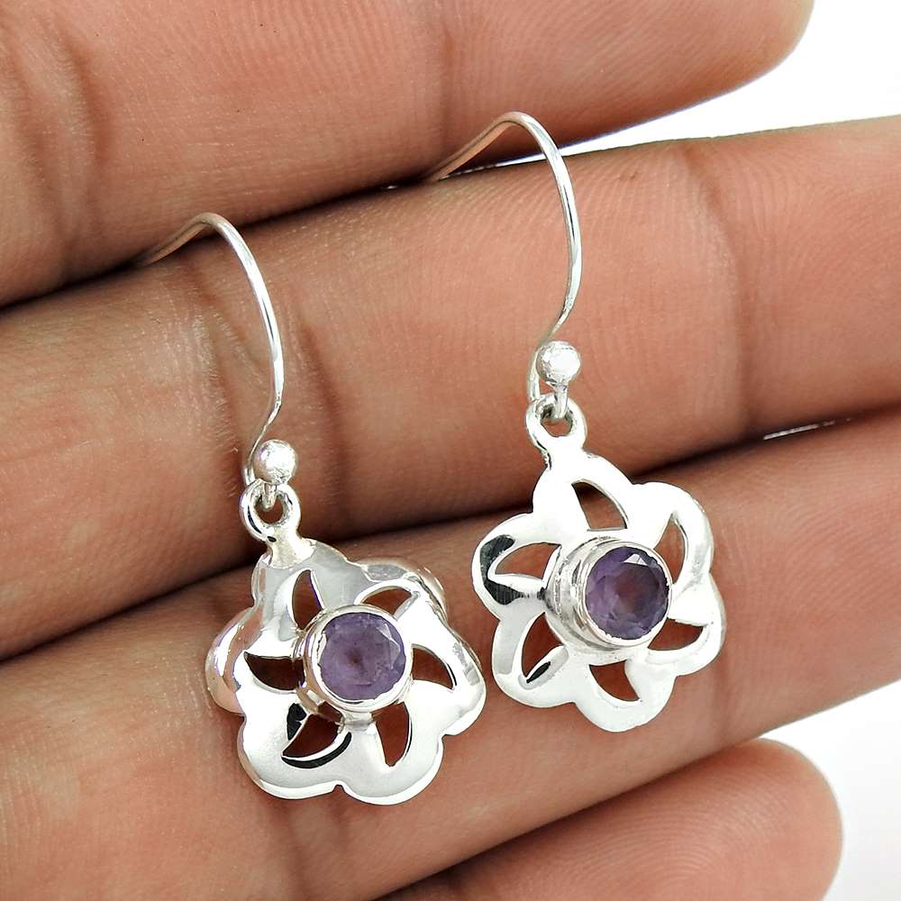 Natural Amethyst Gemstone 925 Silver Dangle Vintage Earrings For Women F70