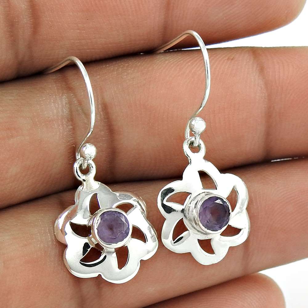Gift For Her 925 Silver Natural Amethyst Dangle Vintage Earrings G70