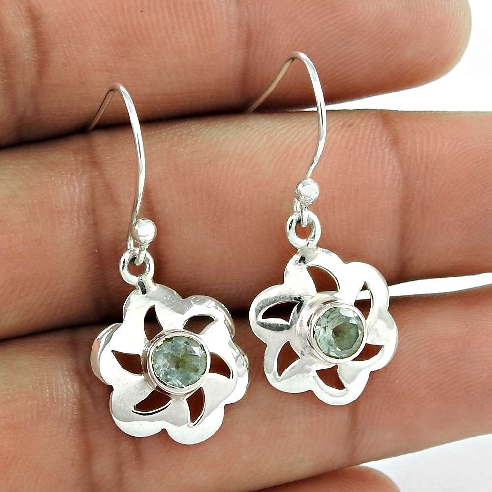 Natural Blue Topaz Gemstone Dangle Vintage Earrings 925 Sterling Silver H70