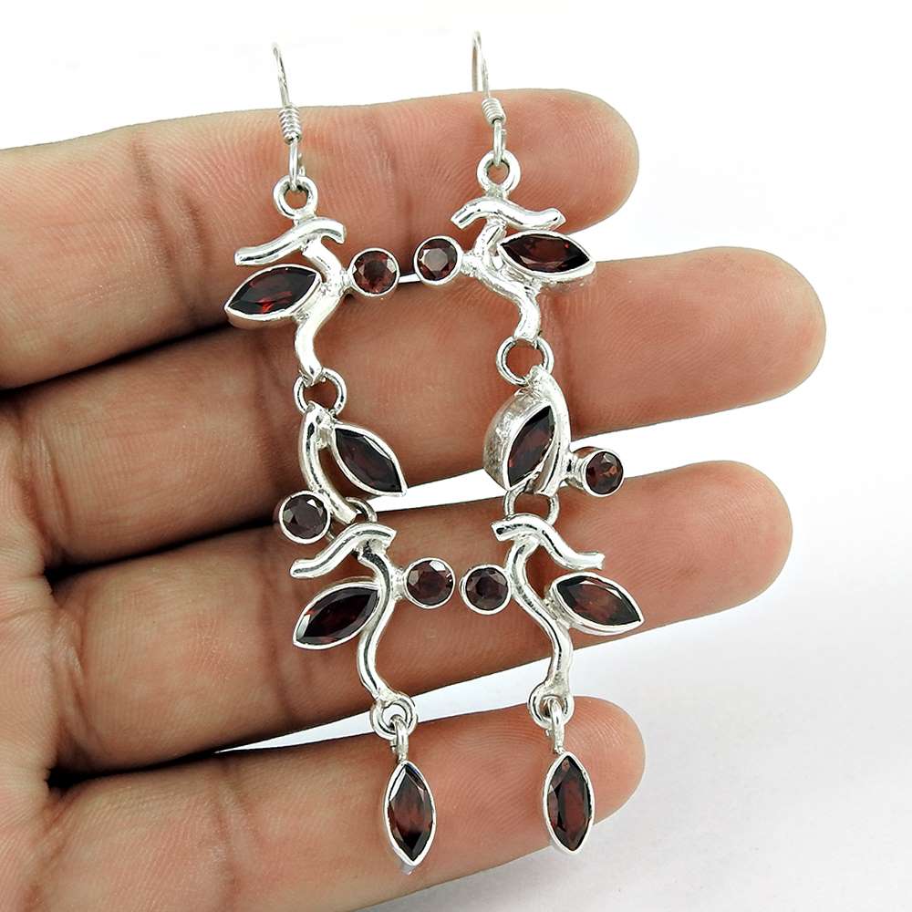 925 Sterling Silver Jewellery Ethnic Garnet Gemstone Leaf Earrings