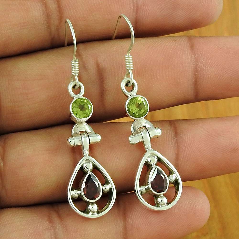 Good-Looking 925 Sterling Silver Garnet & Peridot Gemstone Earring Antique Jewellery