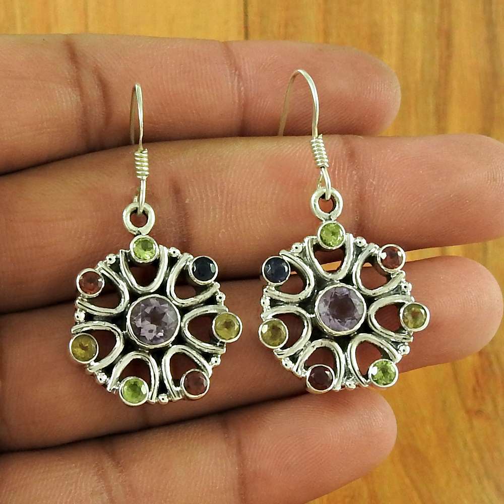 Natural Amethyst Gemstone 925 Silver Dangle Ethnic Earrings For Women I71