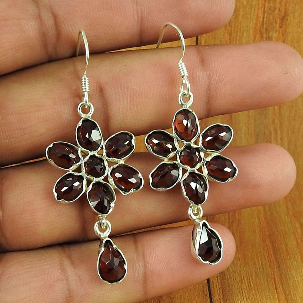 Birthday Gift For Her Natural Garnet Dangle Ethnic Earrings 925 Silver K71