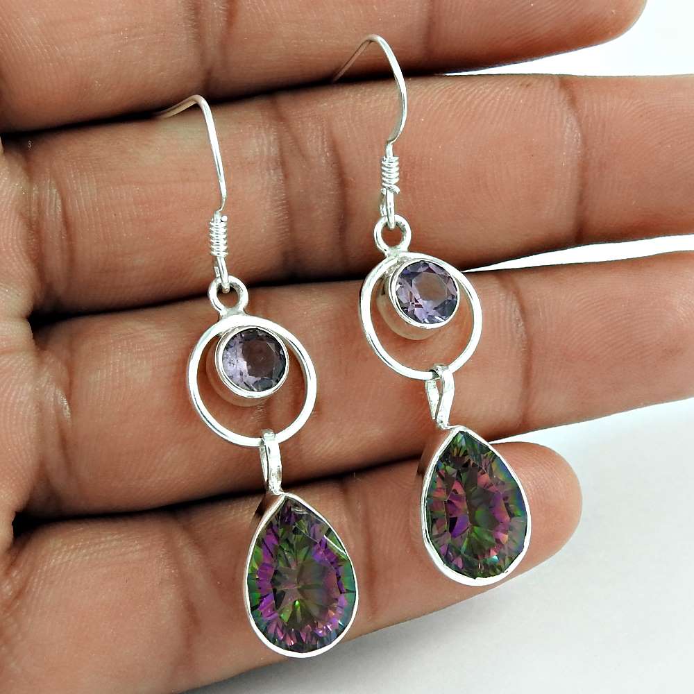 Gift For Her 925 Silver Natural Mystic Topaz Dangle Bohemian Earrings Q3