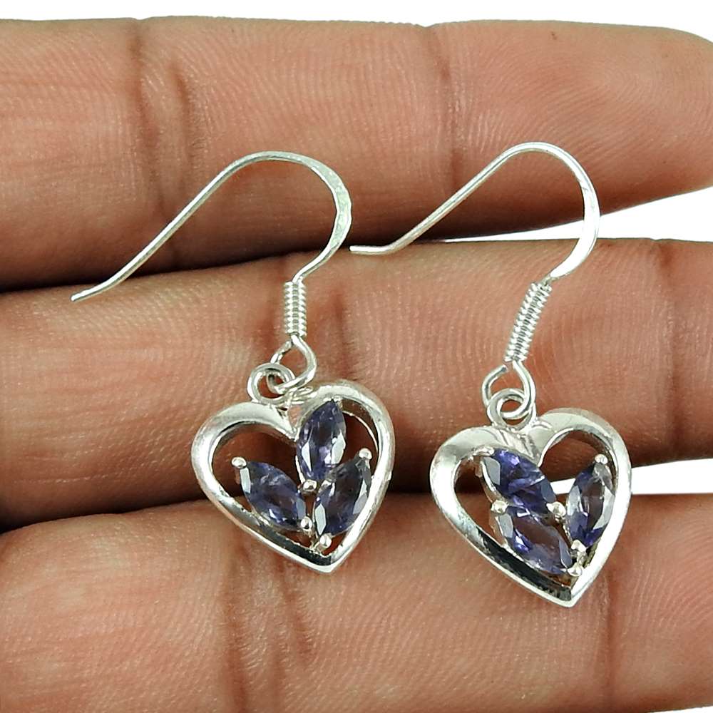 Charming 925 Sterling Silver Iolite Gemstone Heart Earrings