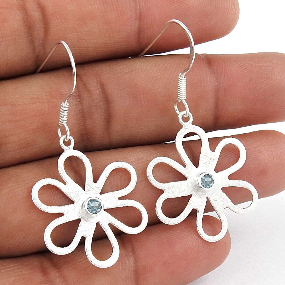 Lustrous Sterling Silver Blue Topaz Gemstone Dangle Earrings