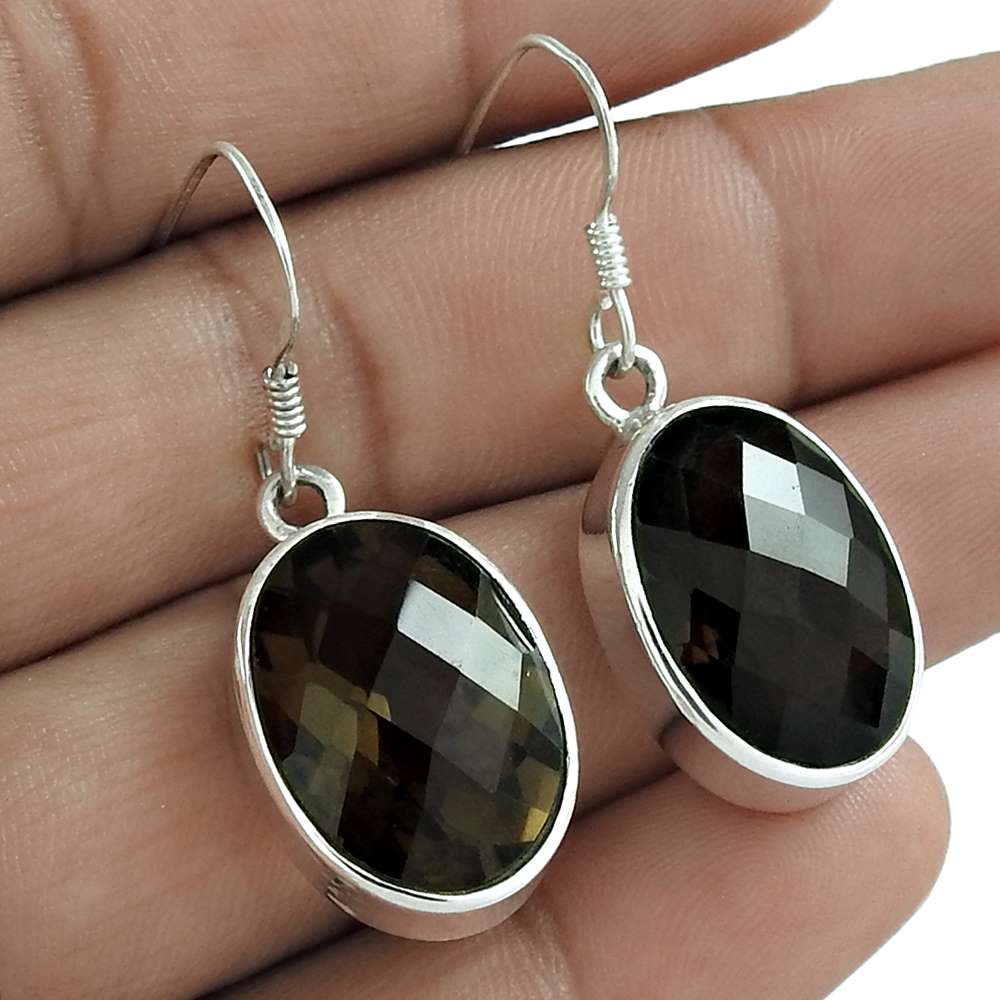 Natural Smoky Quartz Gemstone Dangle Vintage Earrings 925 Silver E75
