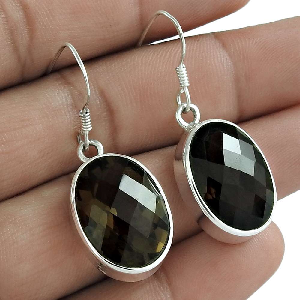 Natural Smoky Quartz Gemstone Dangle Boho Earrings 925 Silver For Women G75