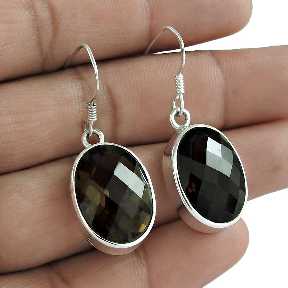Gift For Her 925 Silver Natural Smoky Quartz Dangle Vintage Earrings H75