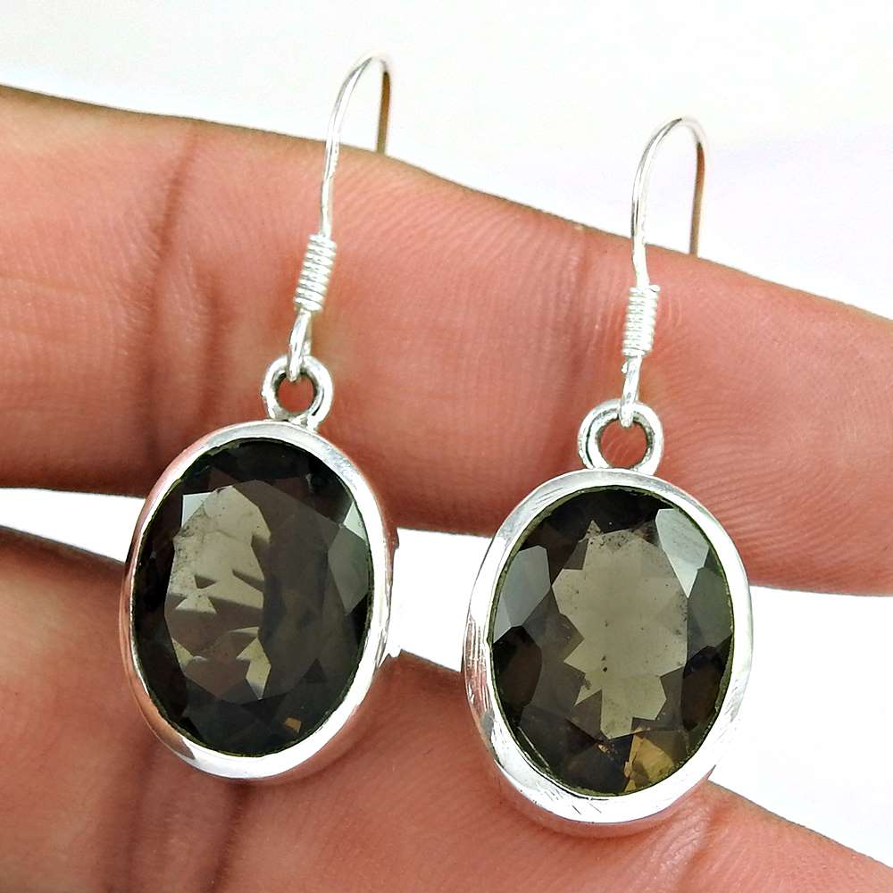 925 Sterling Silver Vintage Jewellery Traditional Smoky Quartz Gemstone Earrings