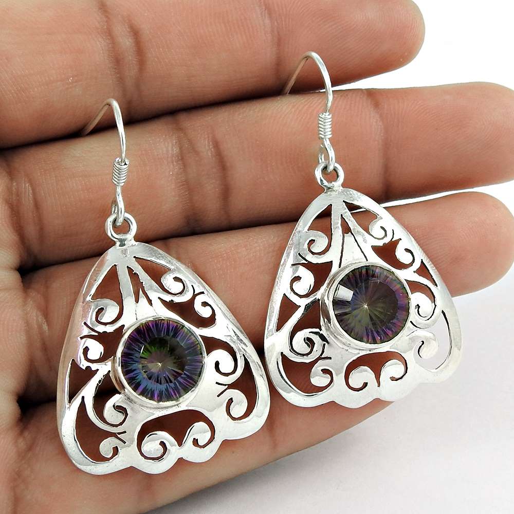 Natural Mystic Topaz Gemstone Dangle Tribal Purple Earrings 925 Silver G77