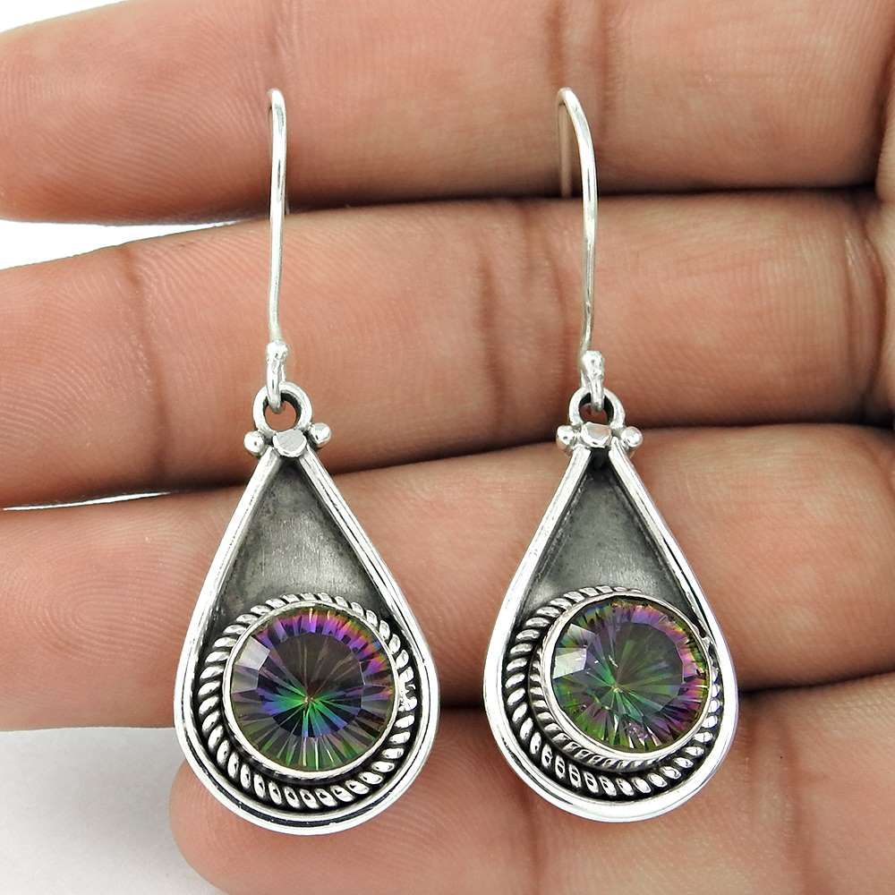 Gift For Her Natural Mystic Topaz Dangle Ethnic Earrings 925 Silver K77