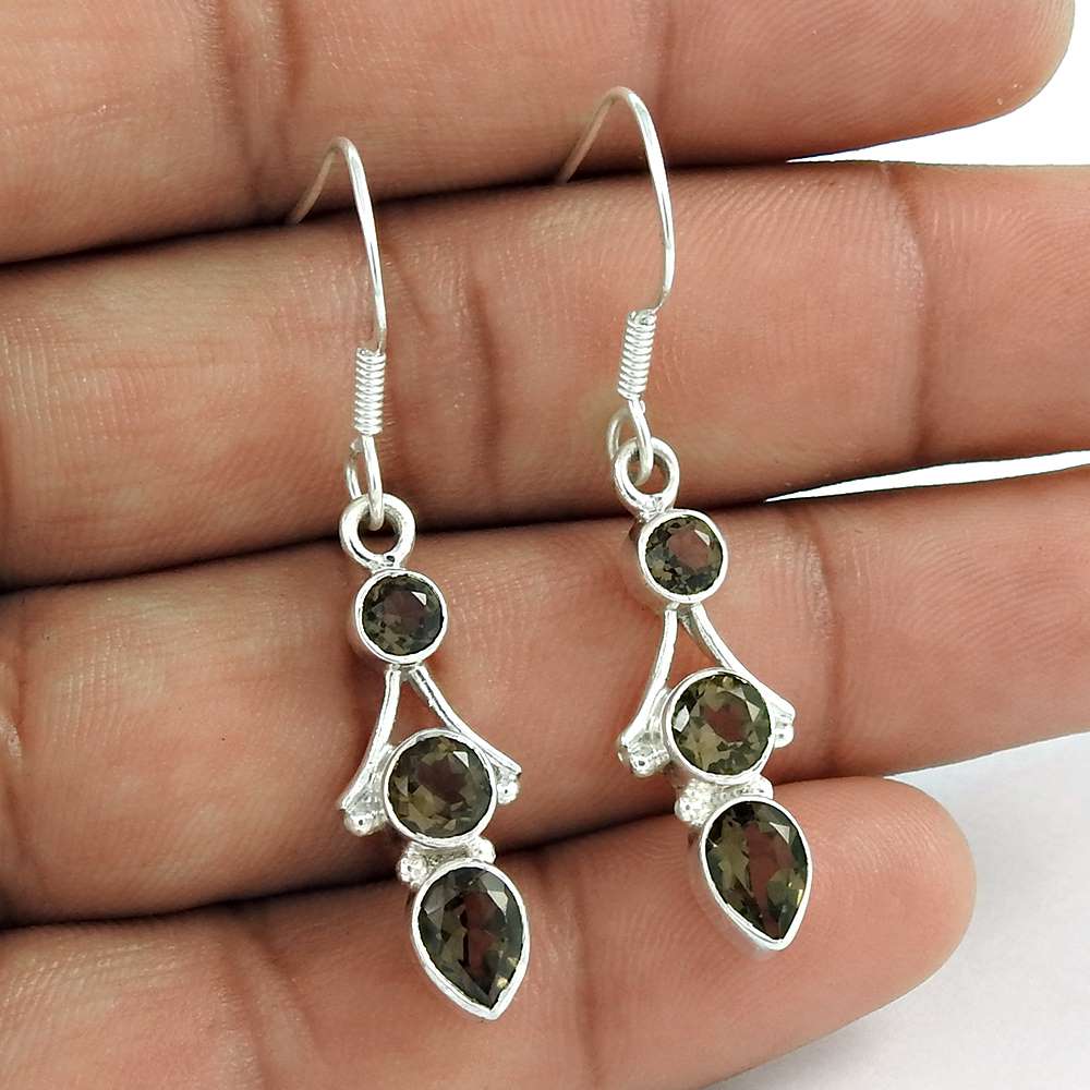 Gift For Her 925 Silver Natural Smoky Quartz Dangle Ethnic Earrings Q1