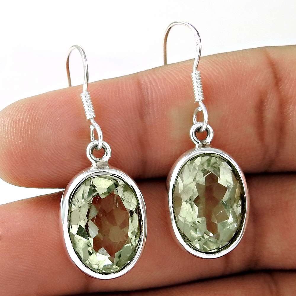 Gift For Women Dangle Vintage Earrings 925 Silver Natural Green Amethyst Q2
