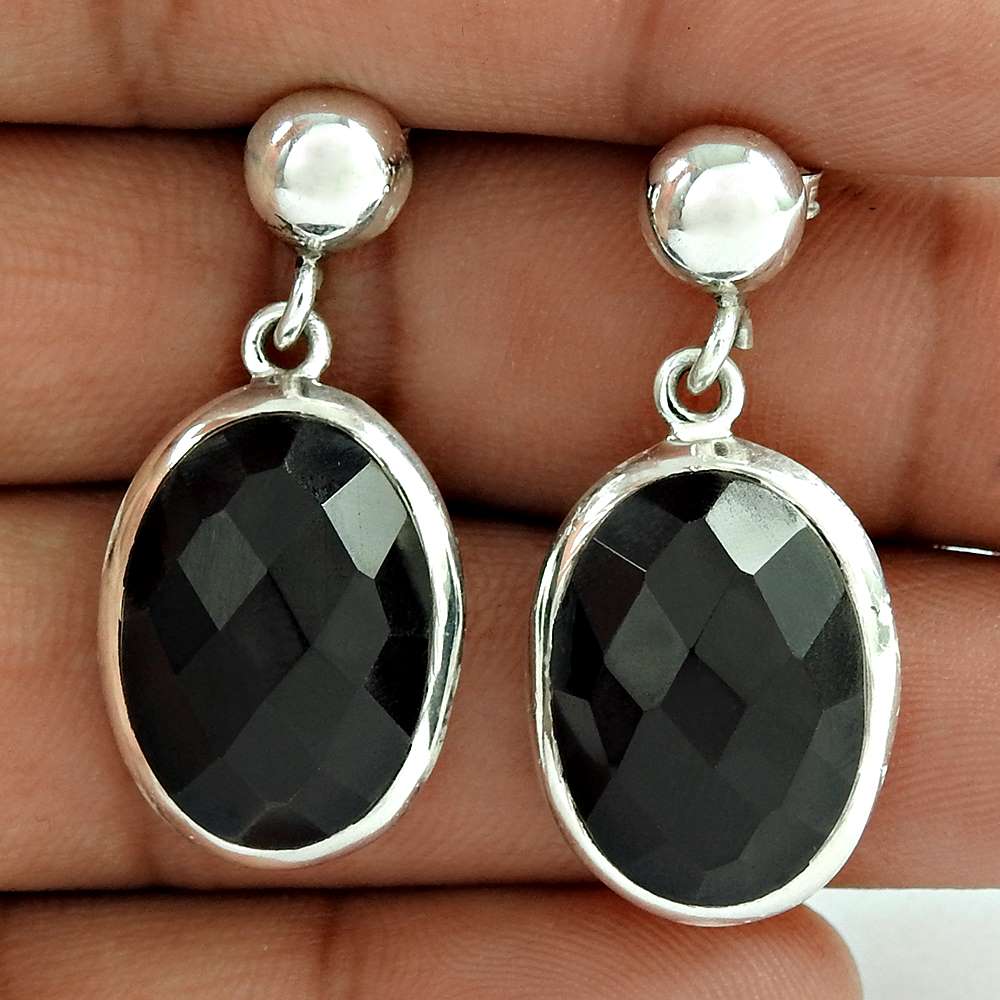 Gift For Her Natural Black Onyx Dangle Vintage Earrings 925 Silver R78