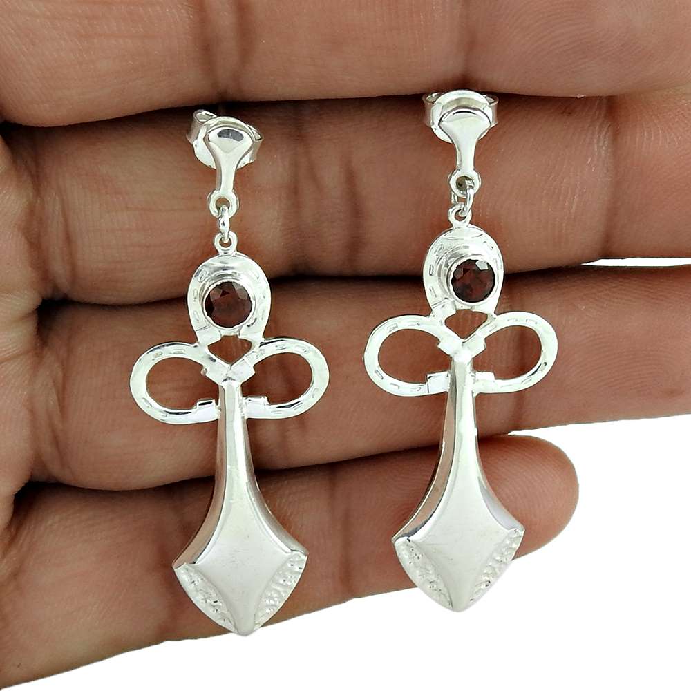 Wedding Gift For Her 925 Silver Natural Garnet Dangle Ethnic Earrings G79