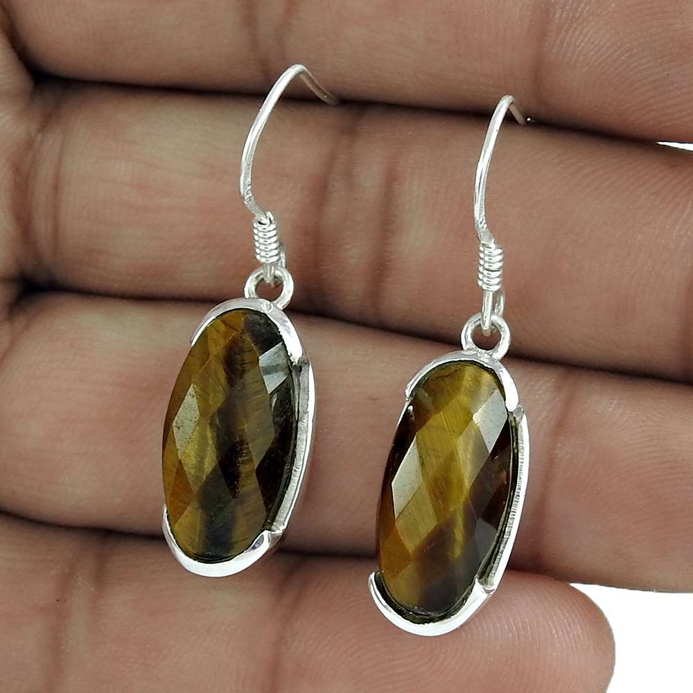 Woman Gift Natural Tiger'S Eye Dangle Earrings 925 Sterling Silver C11
