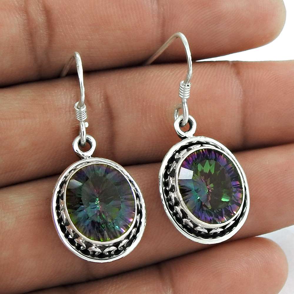 Gift For Her Natural Mystic Topaz Dangle Vintage Earrings 925 Silver I79