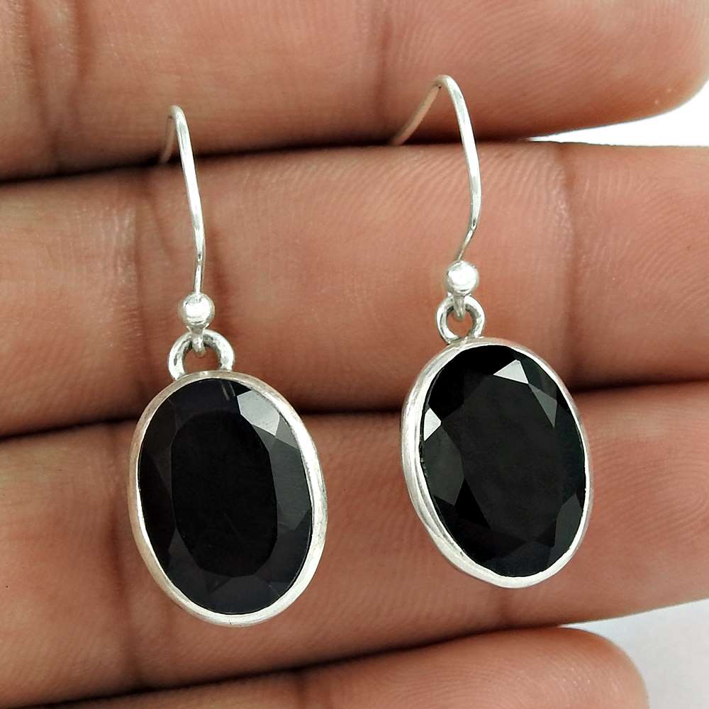 Natural Black Onyx Dangle Vintage Earrings 925 Silver For Girls O79