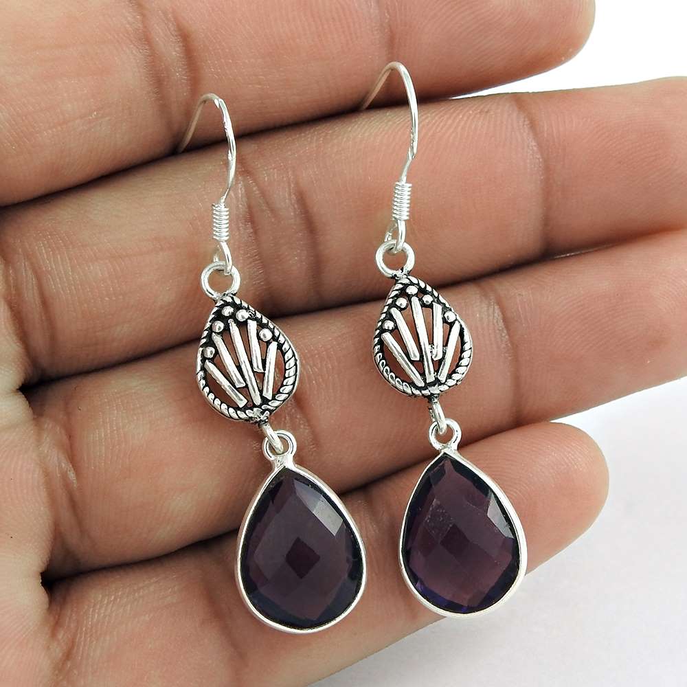 Natural Amethyst Gemstone 925 Silver Dangle Bohemian Earrings For Girls J80