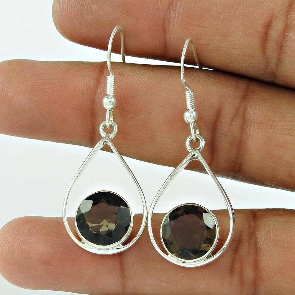 925 Sterling Silver Vintage Jewellery Beautiful Smoky Quartz Gemstone Earrings