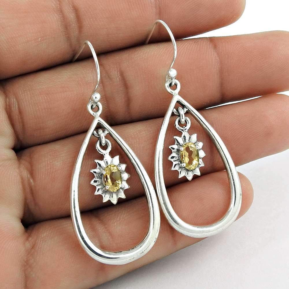 Gift For Women Dangle Boho Earrings 925 Silver Natural Lemon Topaz C83