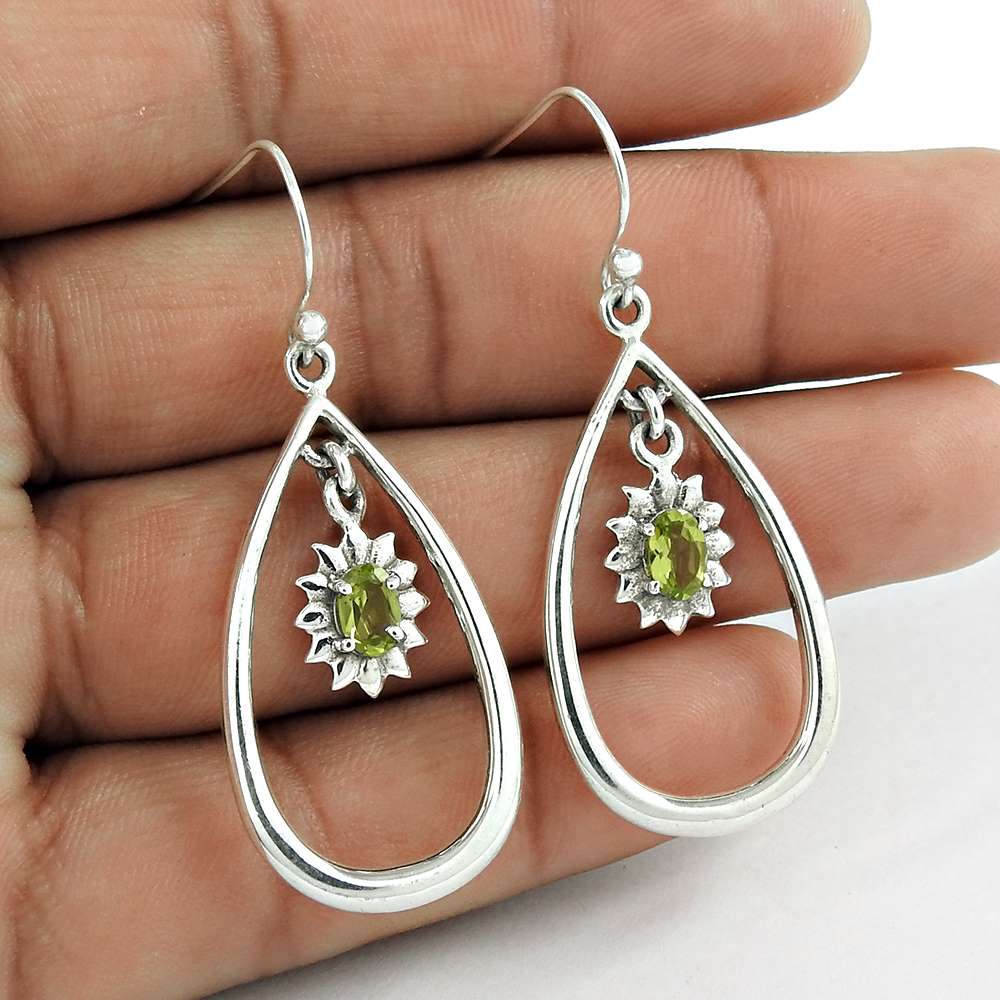 Natural Peridot Gemstone Dangle Boho Earrings 925 Silver For Girls D83