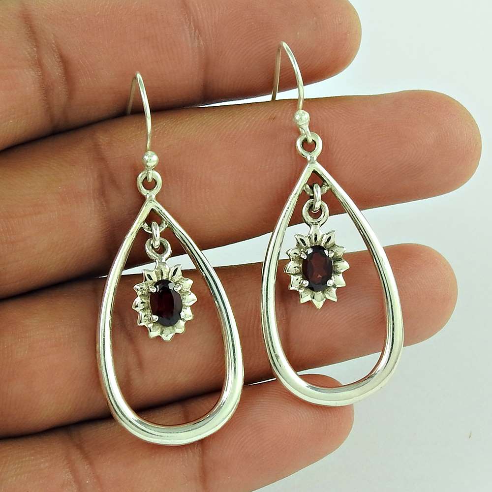 925 Sterling Silver Antique Jewellery Traditional Garnet Gemstone Earrings