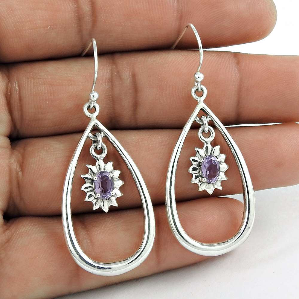 Natural Amethyst Gemstone 925 Silver Dangle Bohemian Earrings For Girls G83