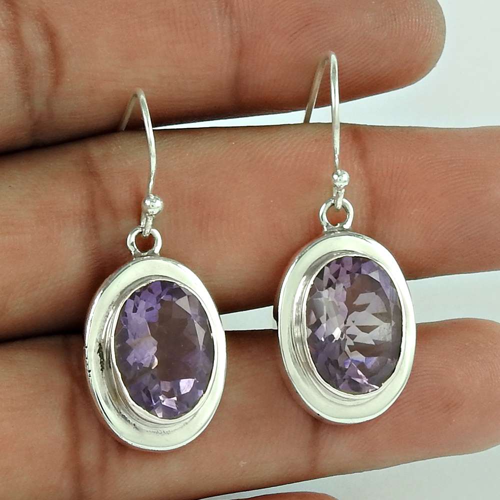 Woman Gift Natural Amethyst Dangle Earrings 925 Silver W11