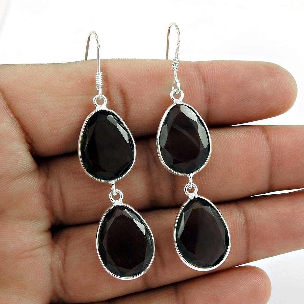 Woman Gift Natural Smoky Quartz Dangle Earrings 925 Silver U14