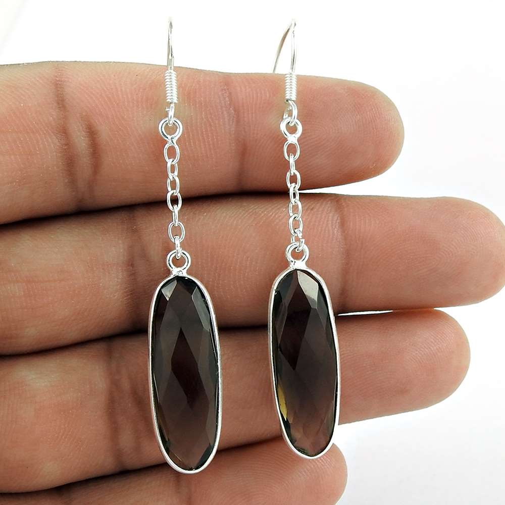 Natural Smoky Quartz 925 Silver Dangle Bohemian Earrings For Girls I84