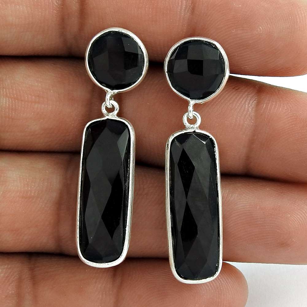 Gift For Her 925 Silver Natural Black Onyx Dangle Boho Earrings O84
