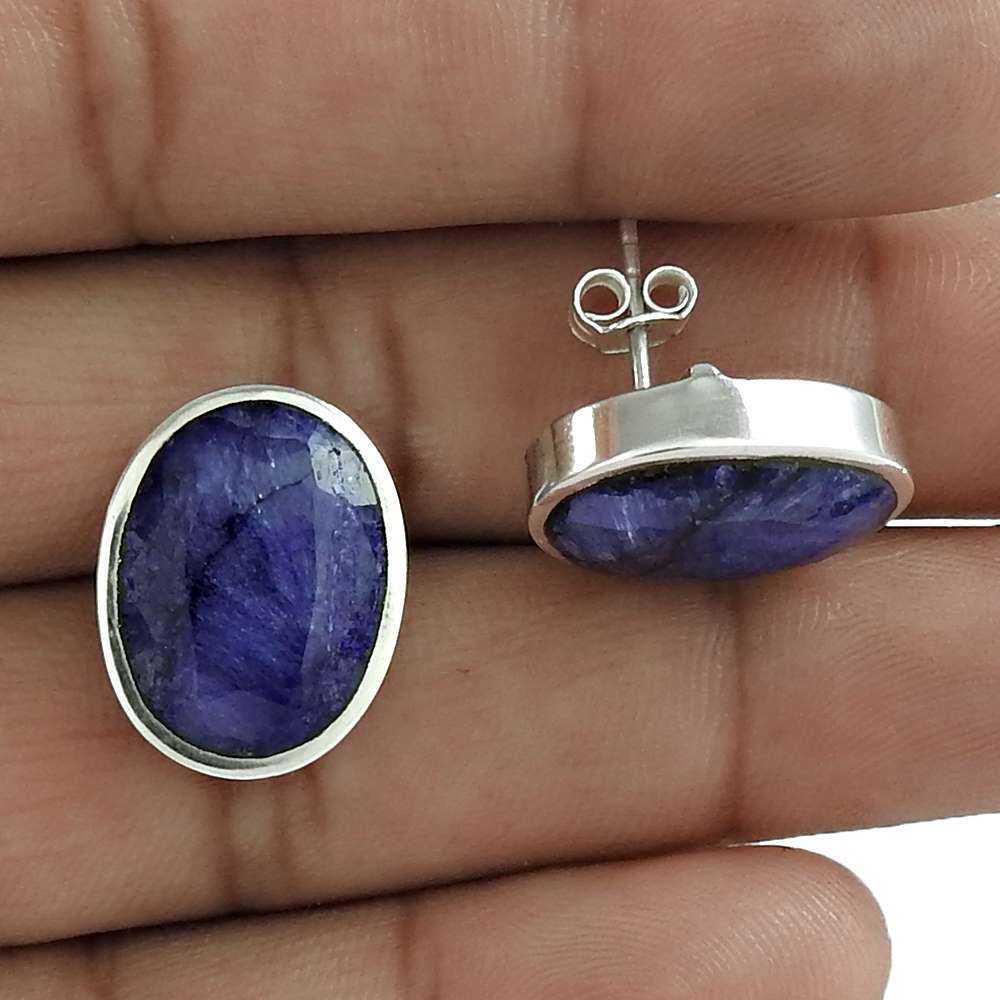 Natural Sapphire Gemstone Stud Boho Earrings 925 Sterling Silver For Women M8