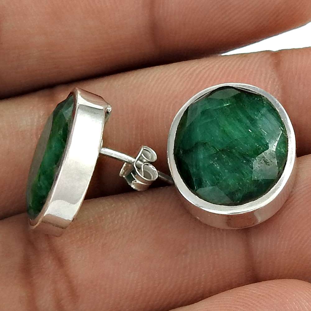 Natural Emerald Gemstone Stud Ethnic Earrings 925 Sterling Silver Jewelry L5