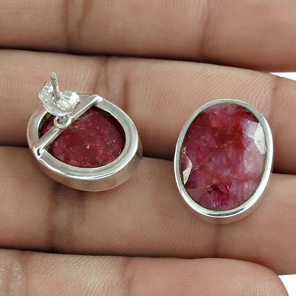 Natural Ruby Gemstone 925 Sterling Silver Stud Boho Earrings For Women C9