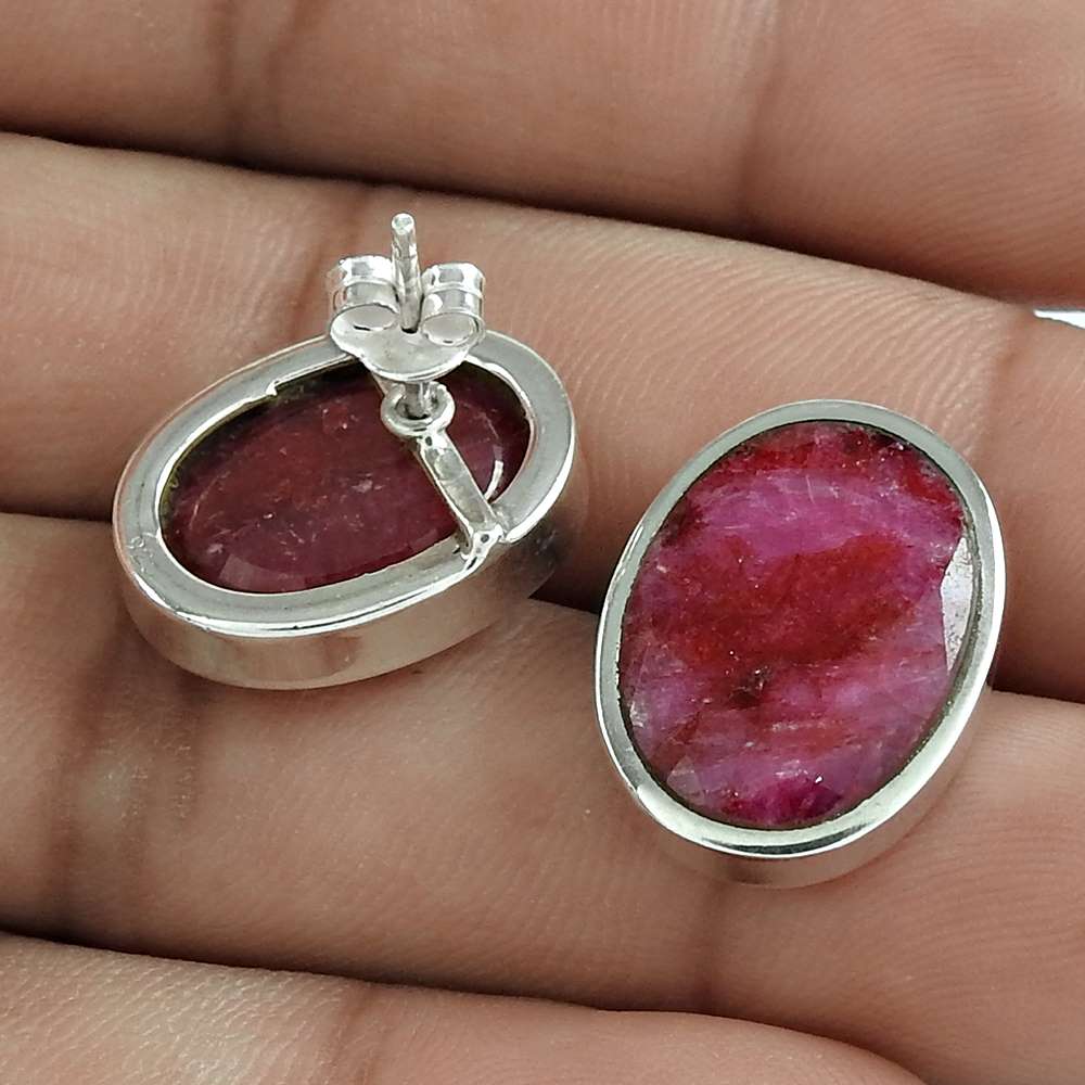 Gift For Women Stud Bohemian Earrings 925 Silver Natural Ruby Gemstone Y6
