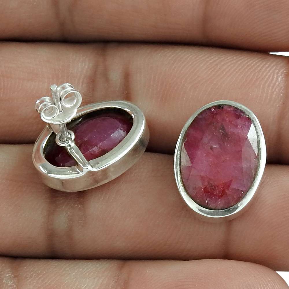 Gift For Her 925 Sterling Silver Natural Ruby Gemstone Stud Boho Earrings I19