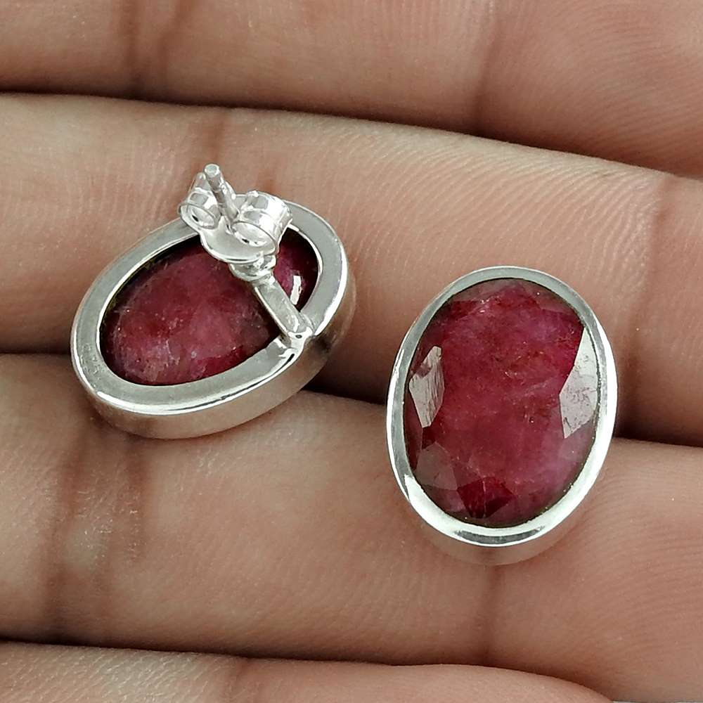 Natural Ruby Gemstone Stud Ethnic Earrings 925 Sterling Silver For Women S19