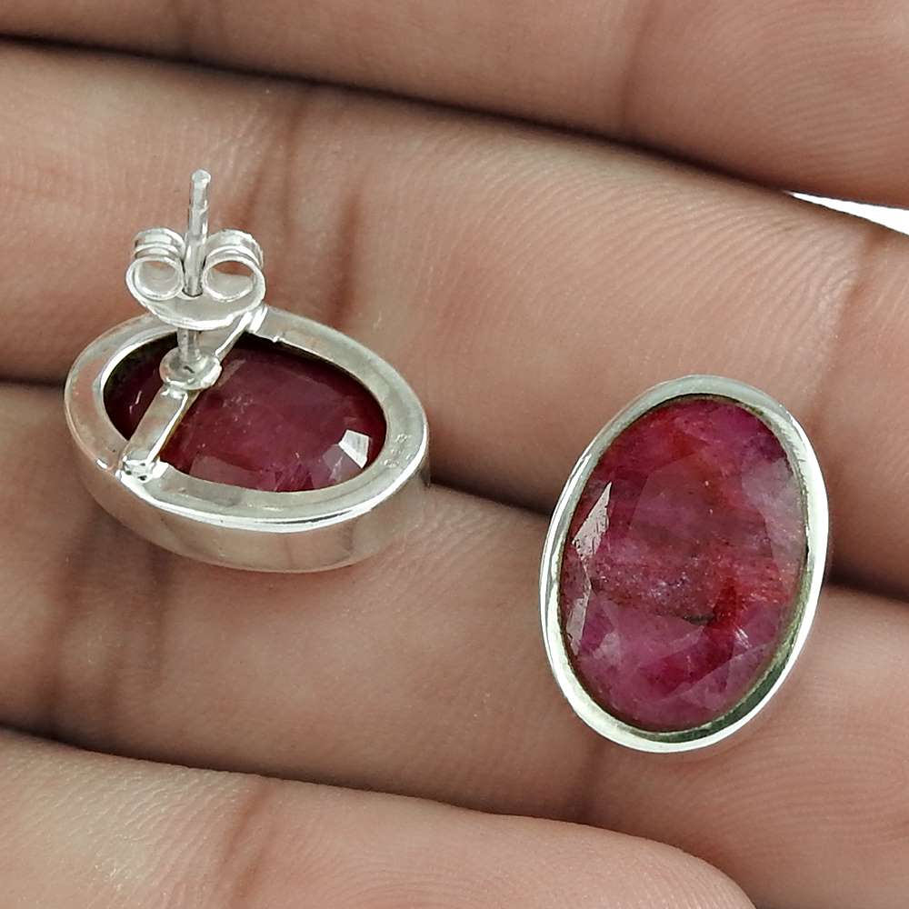 Natural Ruby Gemstone 925 Sterling Silver Stud Vintage Earrings For Women D20