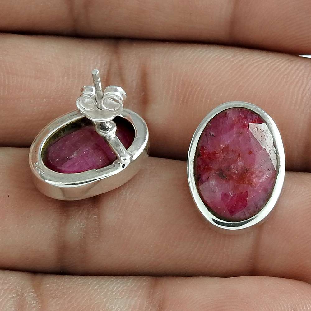Anniversary Gift For Her Natural Ruby Stud Ethnic Earrings 925 Silver E19